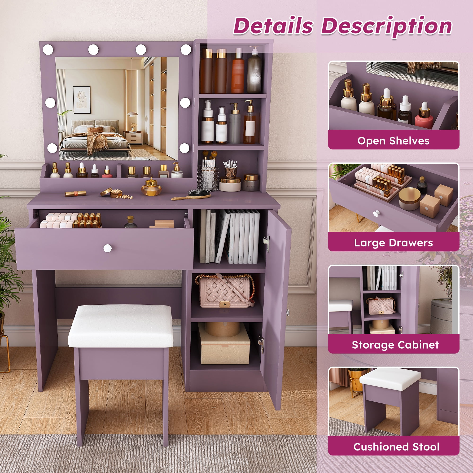 Vanity Desk Set with Padded Stool & Adjustable Lighted Mirror (Round Bulbs, 3 Color Modes), Modern Bedroom Makeup Vanity Desk Combo, Purple