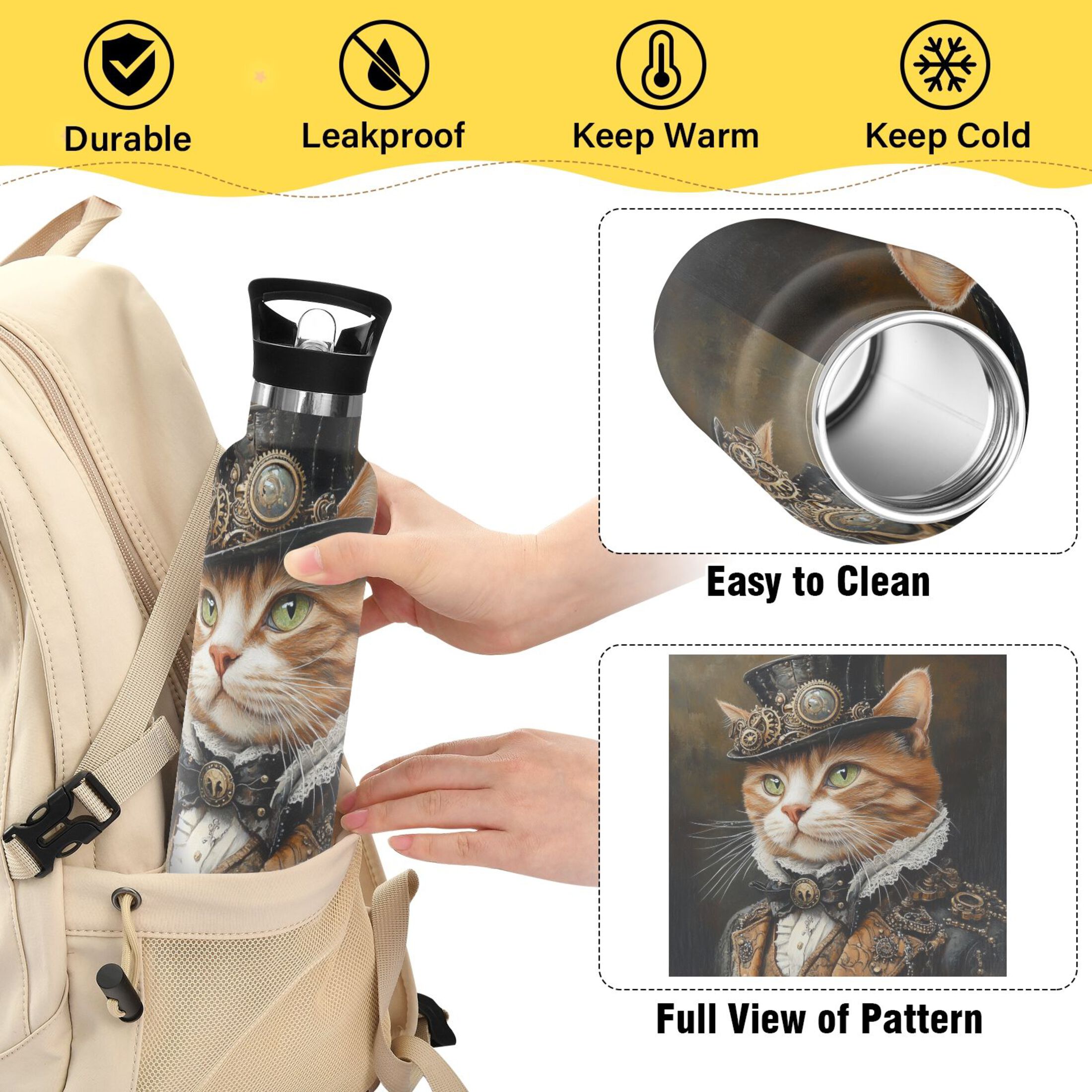 600ML Stainless Steel Insulated Cup Sports Water Bottle Portable Thermos Cup Water Glasses Insulated Tumblers Convenient and Durable Gentleman Cat
