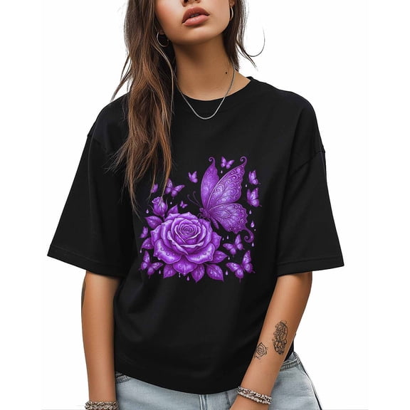 Women's Graphic T-Shirt Black S Women's Tops Butterflies Roses Purple Crew Neck Short Sleeve Shirts for Women