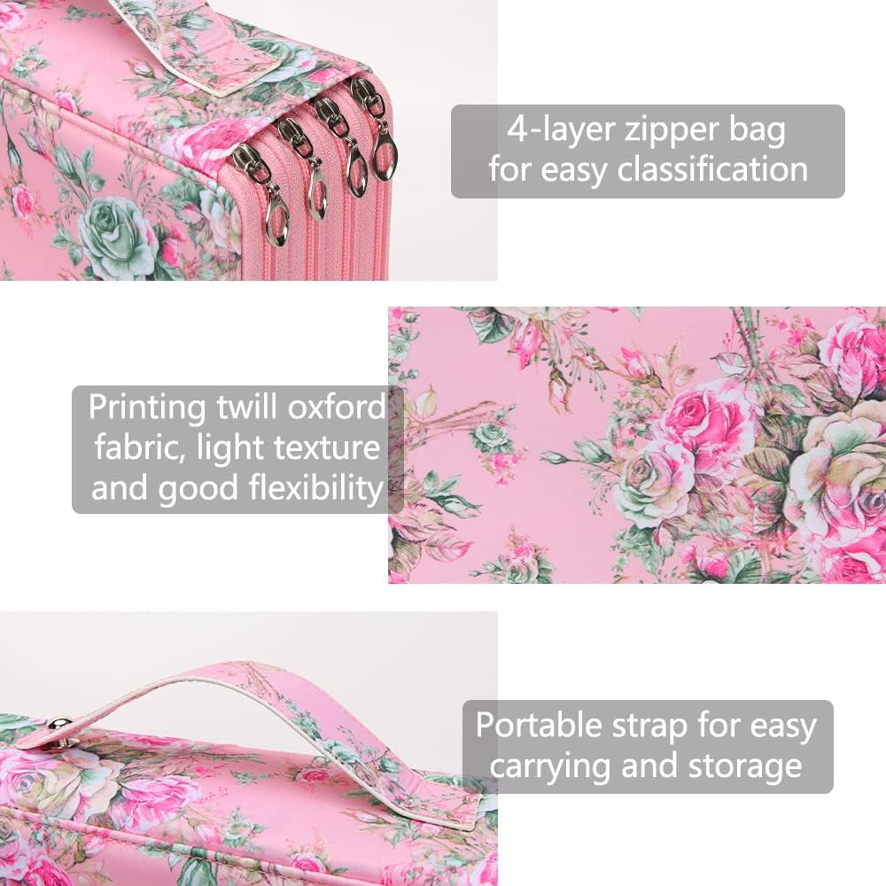 Portable Colored Printing Flower Pencil Case - 200 Slots Pencil Holder with Zipper Closure Twill Fabric Large Capacity Pencil Case for Watercolor Pens Markers, Multilayer Pencil Organizer for Artist