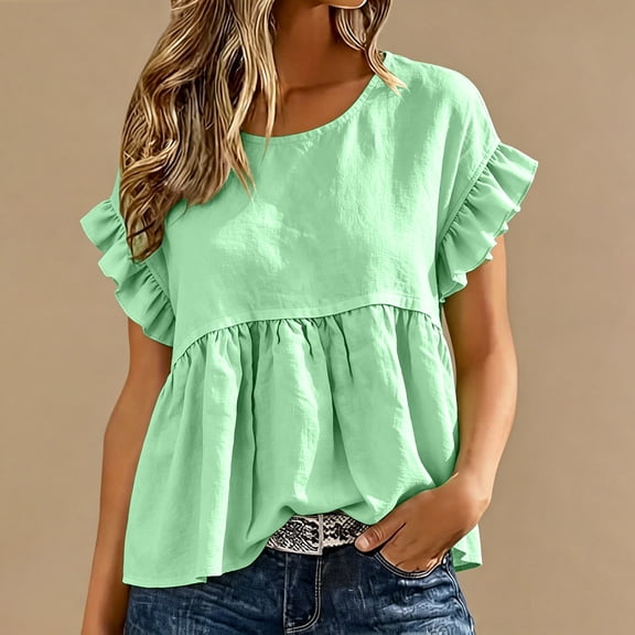 Dolkfu Retro Women'S Tops, Tees & Blouses Short Sleeve Crew Neck Pull-on Green Blouses & Tops Solid Casual Modern Green,L