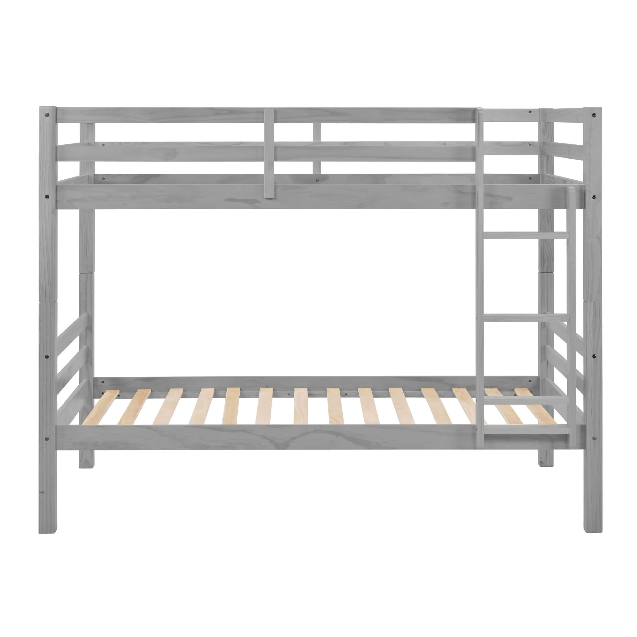 Twin Over Twin Bunk Bed, Solid Wood Bunk Bed Frame with Thick Posts, High Guardrails and Ladder, Heavy Duty Wooden Slats, No Box Spring Needed for Kids, Teens, Guest Room, Grey