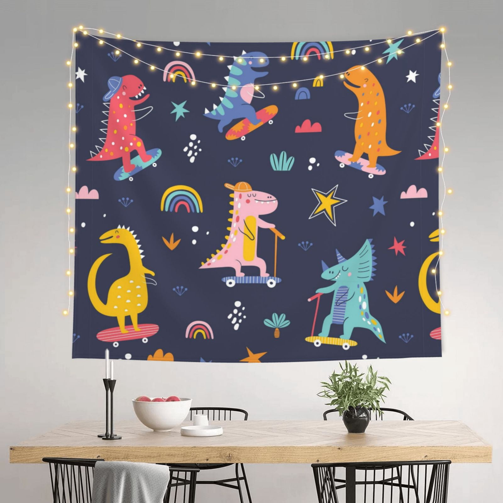 Xecao Cartoon Dinosaur Scooter Sport Blue patten Tapestry 60x51 Inches Wall Hanging Poster Tapestry for Living Room Bedroom Home Decor