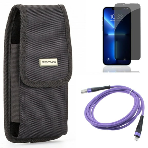 6ft USB Cable & Privacy Screen Protector & Case Belt Clip for iPhone 13,Pro ONLY - Purple Charger Cord Power + Tempered Glass Curved Anti-Spy + Swivel Holster Rugged Combo