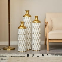 Olurrisa "3-Piece Modern Metal Cylinder Vase Set – Gold & White Geometric Design with Triangular Embossed Pattern, Floor Decor for Living Room & Entryway