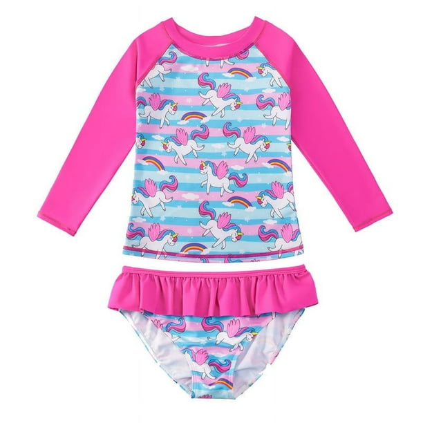 Traje de baño dividido para niñas Traje de baño de unicornio de manga larga para niñas Traje de baño de playa con protección solar para niñas pequeñas
