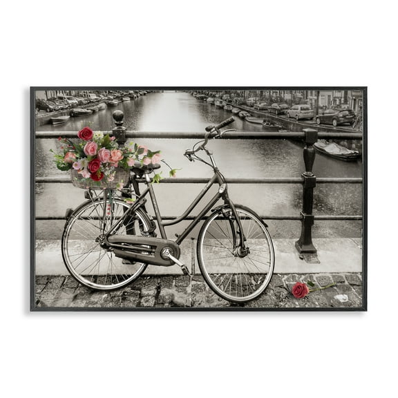 Stupell Industries Rose Filled Bike over Canal Transportation Painting Black Framed Art Print Wall Art, 18 x 12