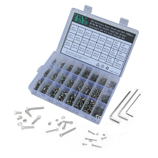Ensemble de Rondelle d'Écrou à Vis 1080pcs 304 Vis en Acier Inoxydable et Écrou M2 M3 M4 Tête de Douille Hexagonale Vis Assortiment Kit avec Boîte de Rangement