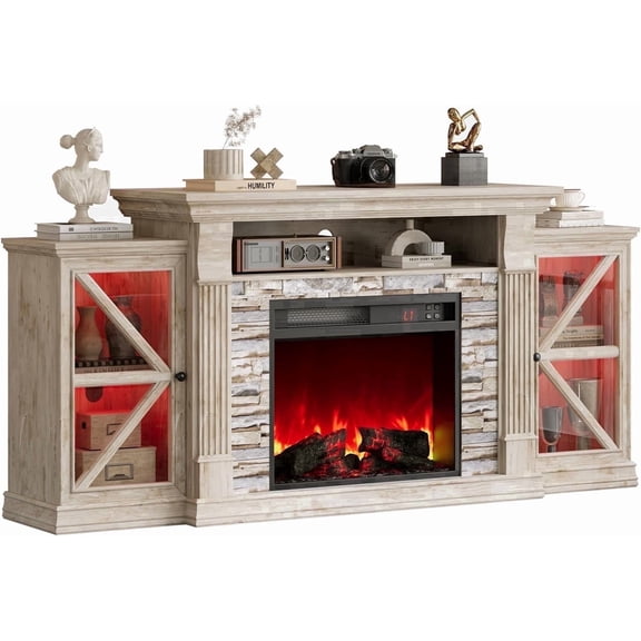 Vecenuy TV Stand with Fireplace,Electric Fireplace TV Stand, 70" Farmhouse Entertainment Center with Open Shelf & Glass Barn Door Cabinet, Modern TV Console with 7 Flame Colors for Living Room, Grey