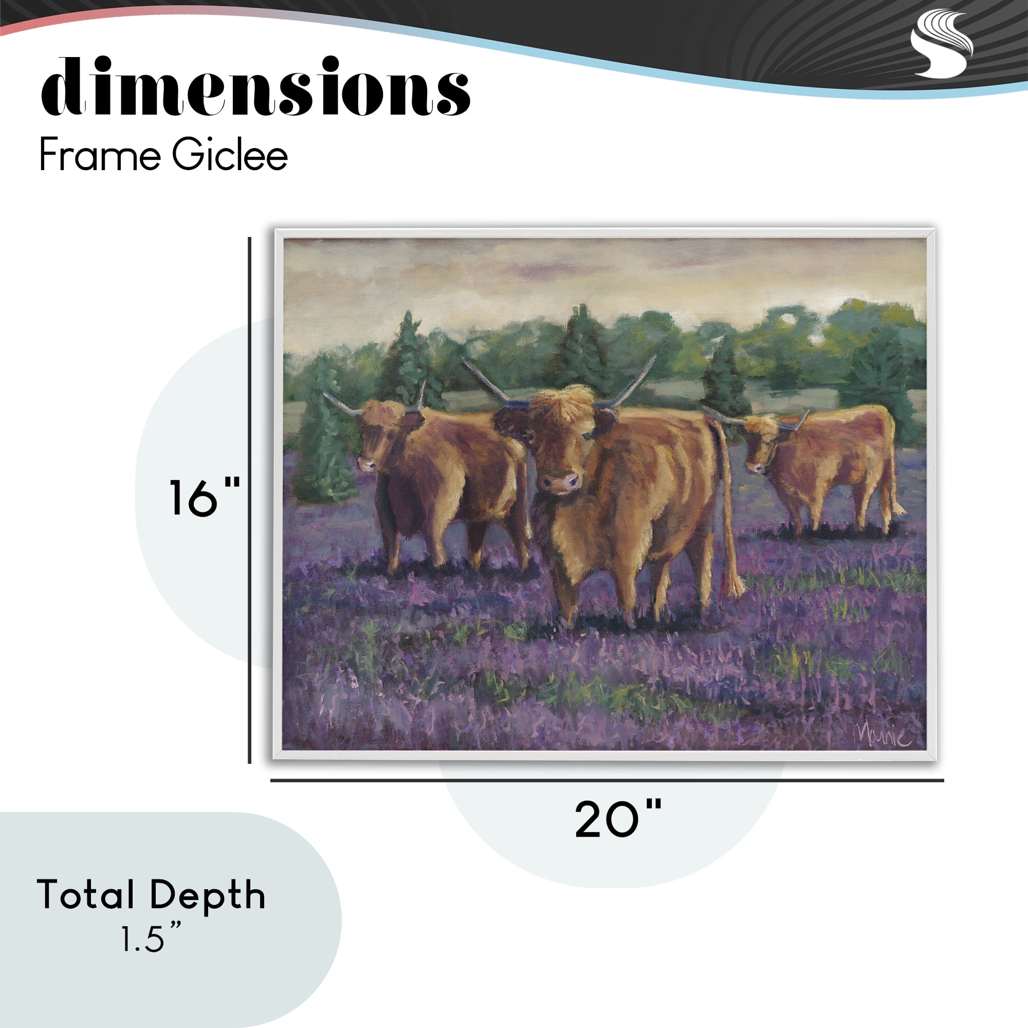Purple Fields & Cows White Framed Giclee Art, design by Marnie Bourque