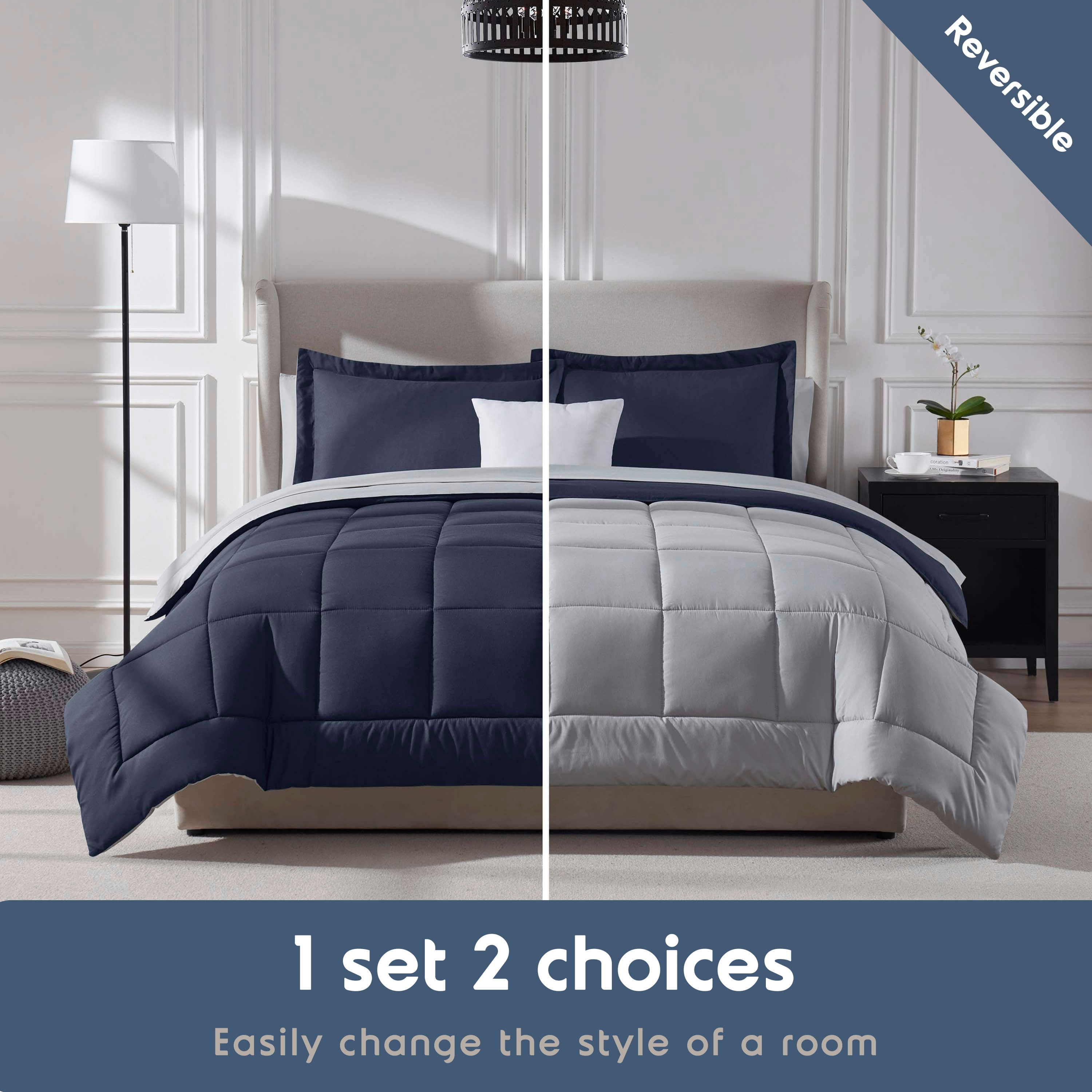 LammaLoe Twin XL Comforter Set, With Sheets, Reversible Bed In A Bag 5 Piece, Bedding Set, Navy