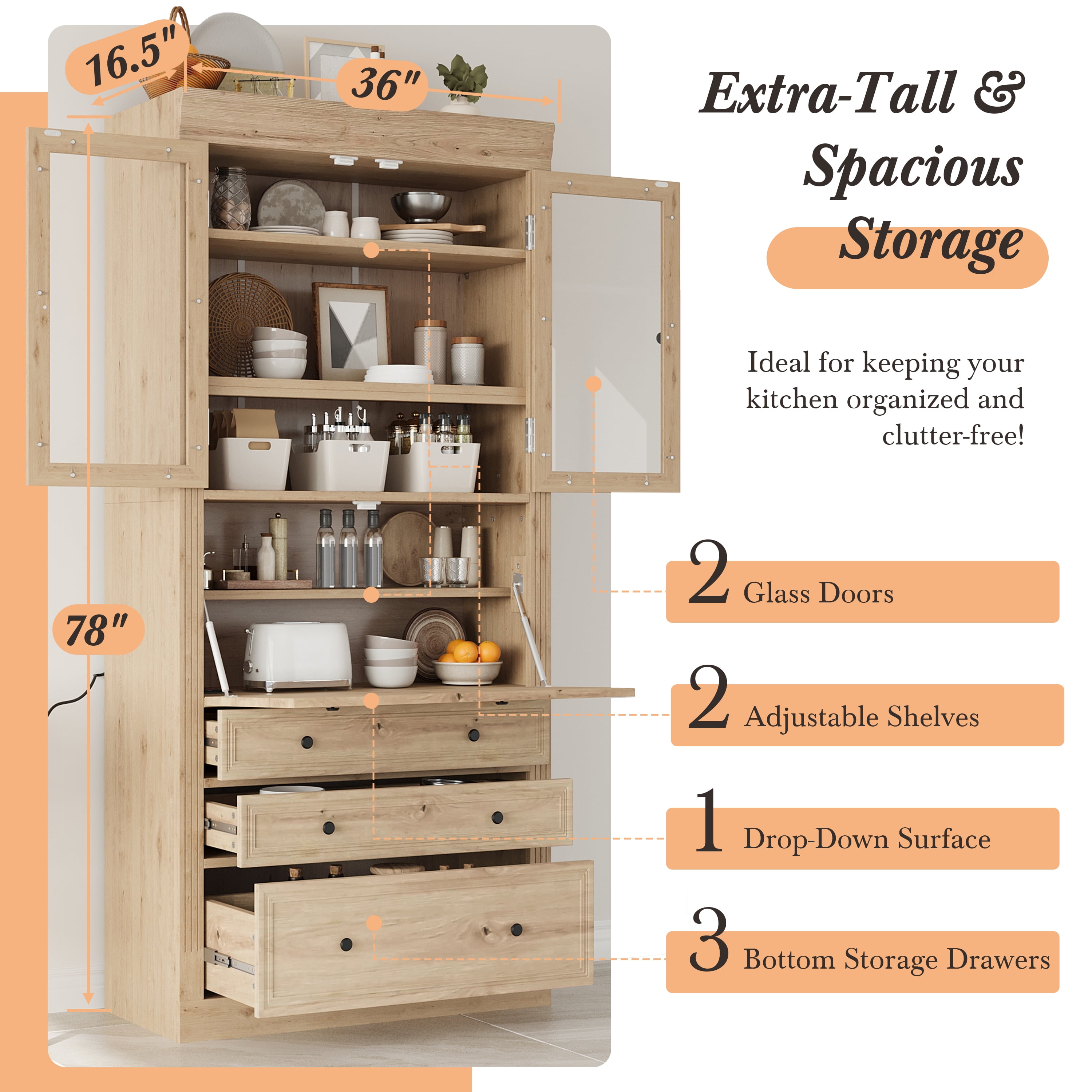 Harper & Bright Designs Tall Kitchen Pantry Cabinet with Power Outlets, Freestanding Cupboard with 3 Drawers and Adjustable Shelves for Dining Room, Natural