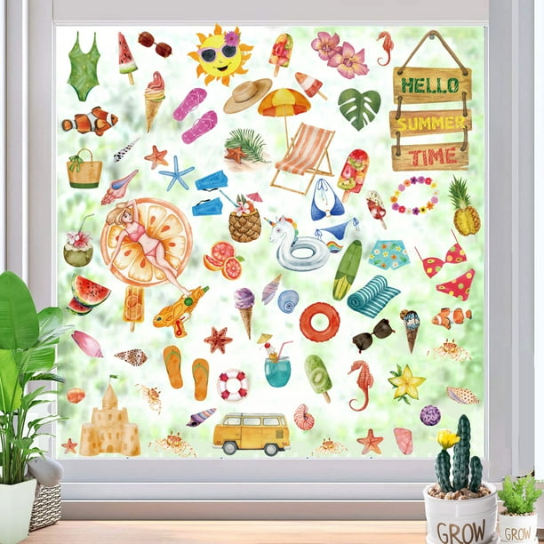 126 piezas de pegatinas de verano para ventana, calcomanía hawaiana para ventana con bebidas de sol y playa para pared de vidrio, refrigerador, coche, 8 hojas