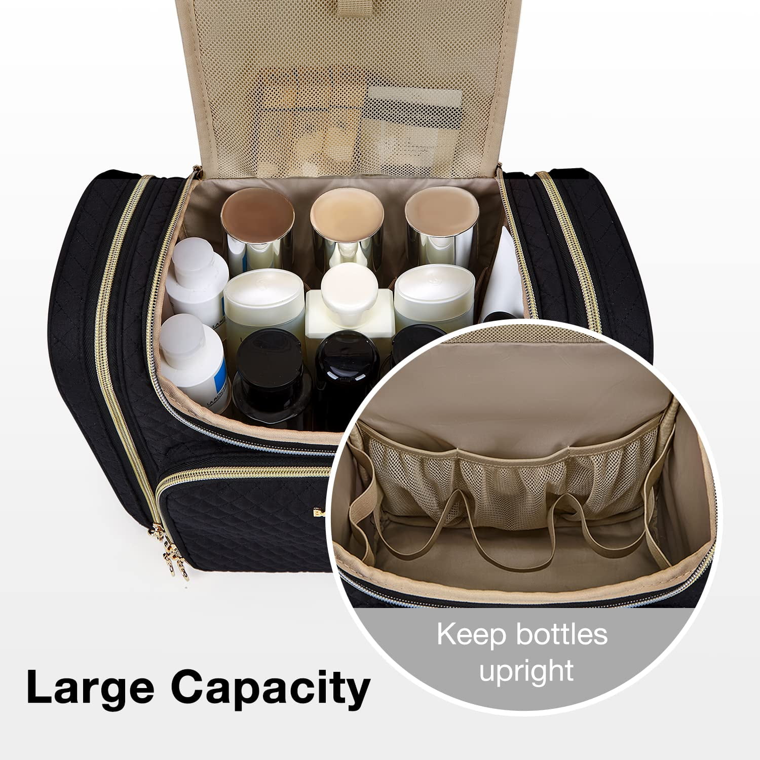 BAGSMART Extra Large Travel Toiletry Bag, Water-resistant Makeup Cosmetic Bag with Hanging Hook, Travel Toiletries Accessories Organizer Essentials, Full Sized Container, Black