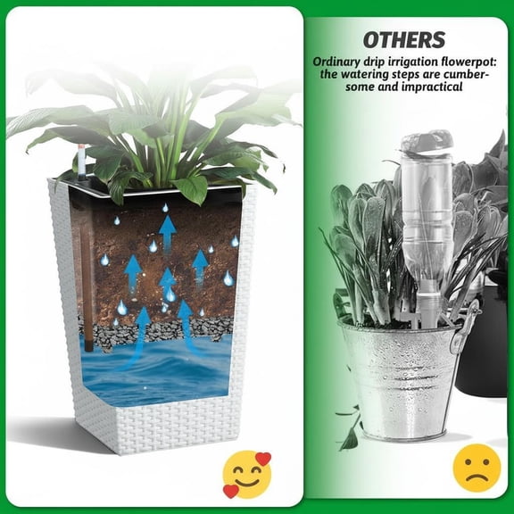 Self-Watering Planter Pots, Rattan Planter Pots Set of 4 16 Inch Tall - Water Level Gauge, Indoor Outdoor Use for Patio Home Balcony, Water-Saving