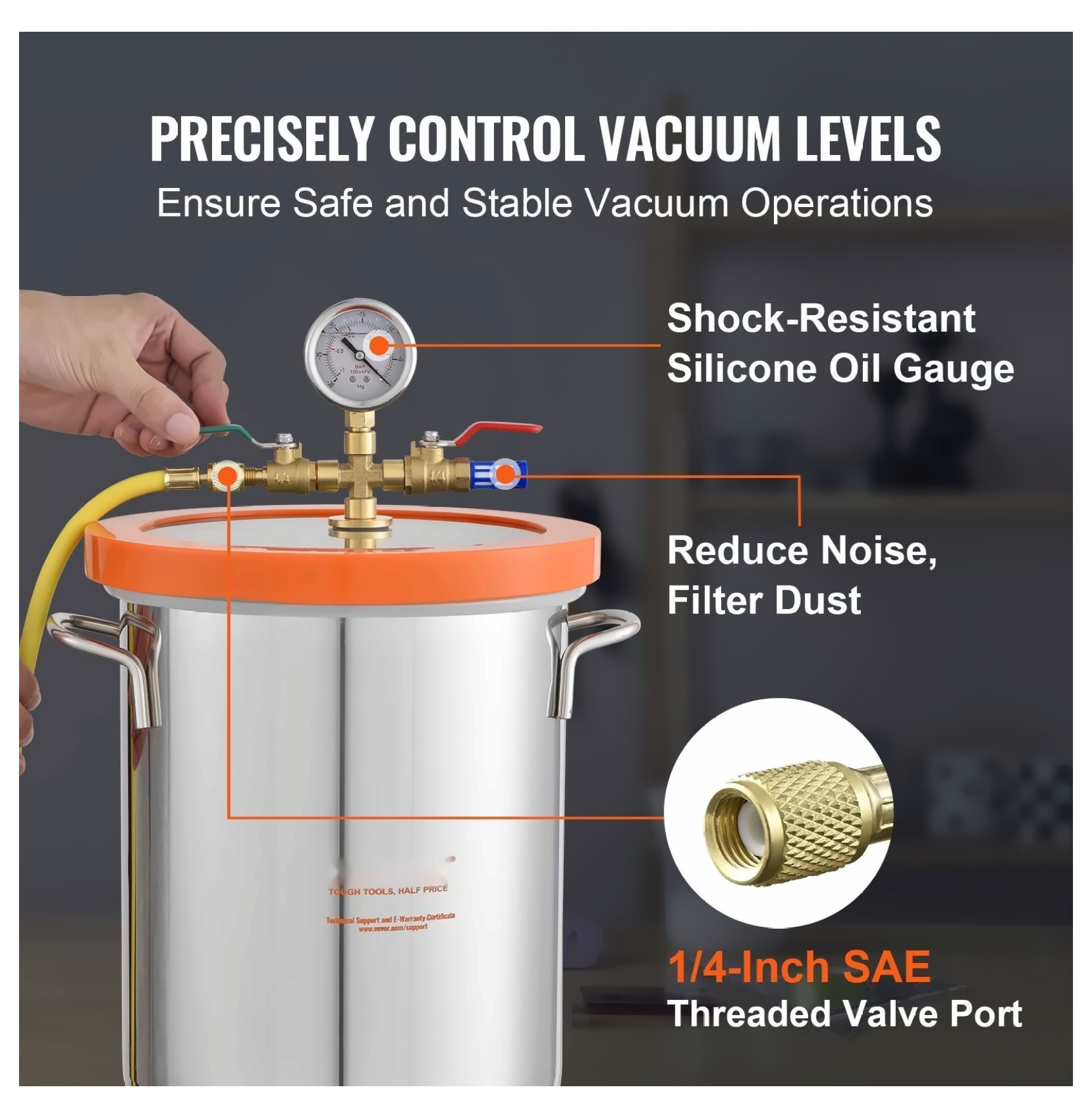 5 Gallon Vacuum Chamber Kit, Tempered Glass Lid, 304 Stainless Steel, for Resin, Wood, Silicone Degassing - 24hr Seal, Minimal Leakage, Vacuum Pump Ready
