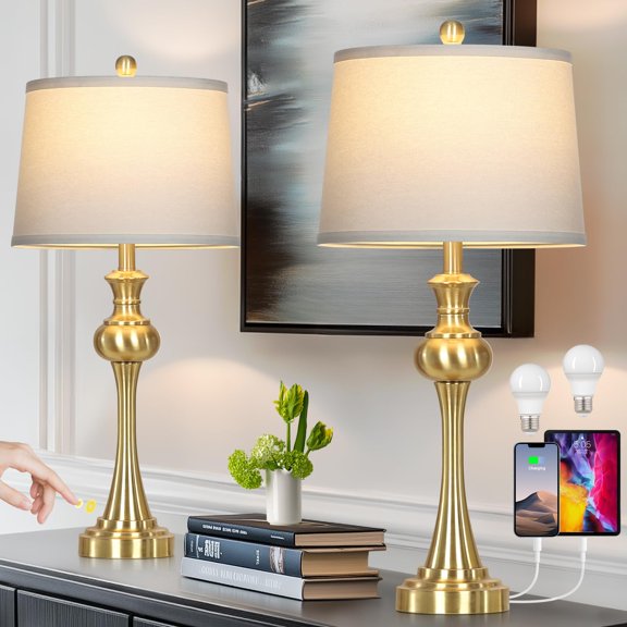 28.75" Set of 2 Gold Brass Modern Table Lamps with 3-Way Dimmable Touch Control, USB A C & AC Outlet, 2 Included LED Bulbs for Bedroom, Living Room & Office
