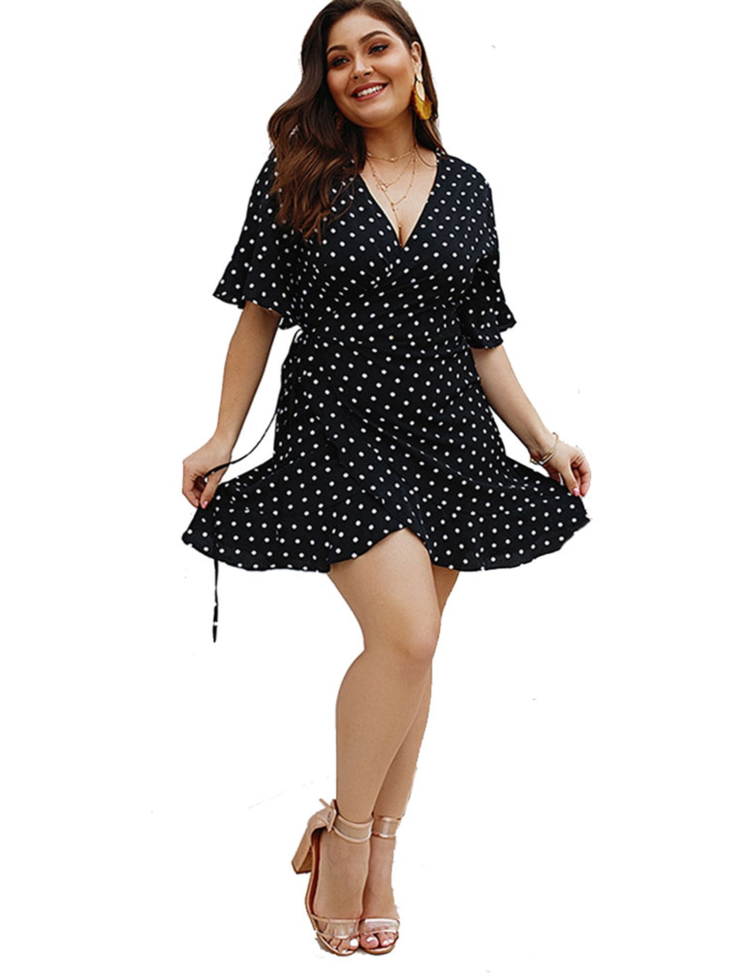 Swarovo Women Plus Size V Neck Dress Polka Dot Print Casual Loose