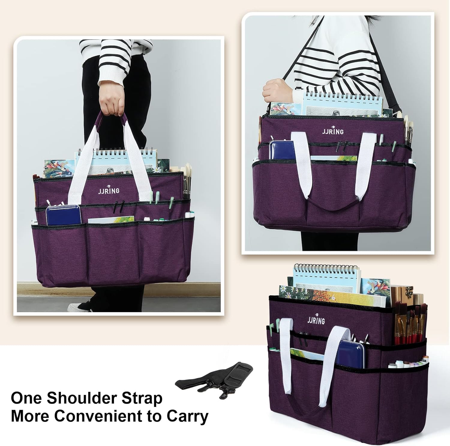 Craft Organizer Tote Bag, Large Deep Purple Multi-Pocket Art and Sewing Storage Caddy for Scrapbooking, Office, and Medical Supplies