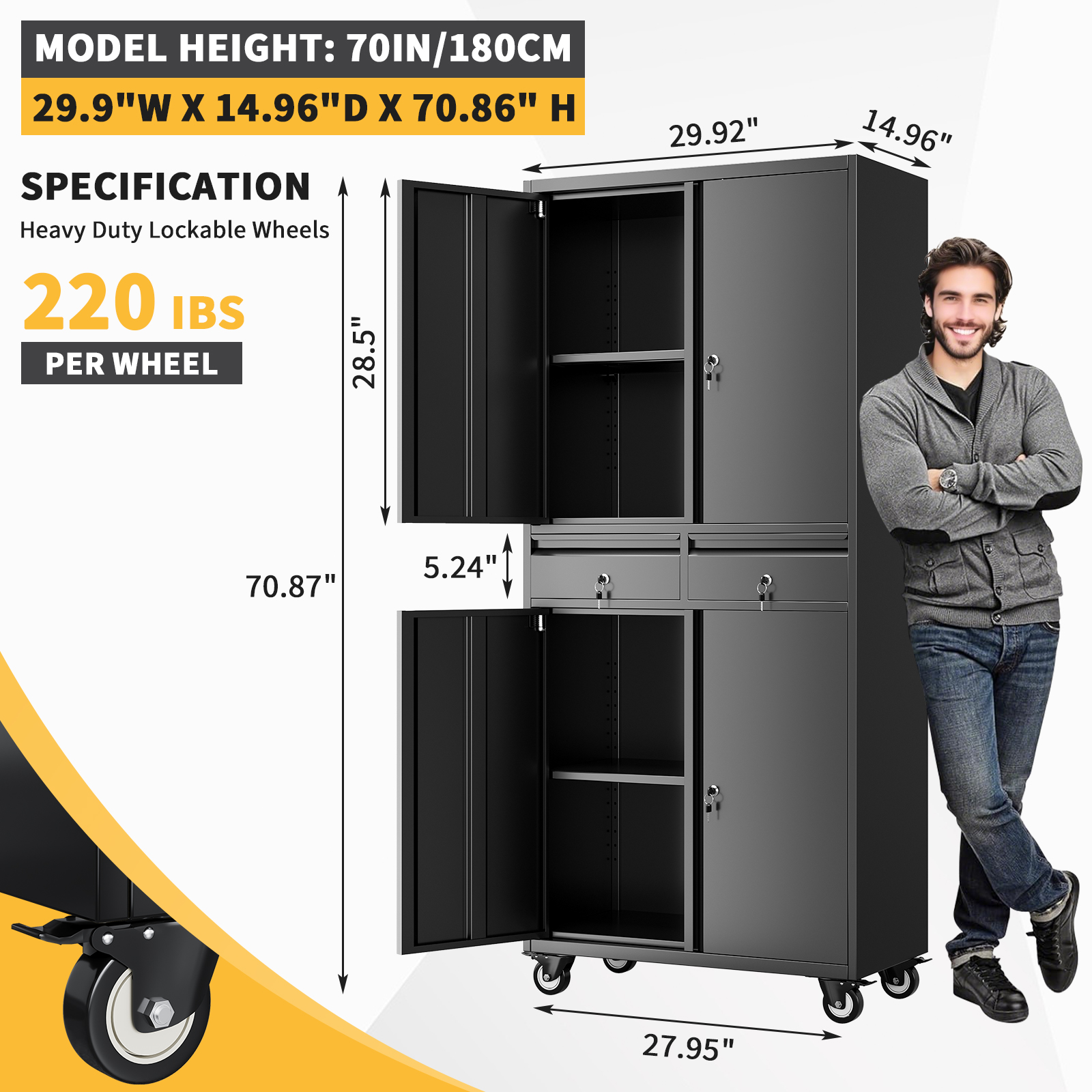 Heavy Duty 73'' Metal File Cabinet for Office & Workshop, 2 Drawers, Locking Doors, Adjustable Shelves, Mobile Wheels, Secure Steel Storage Cabinet