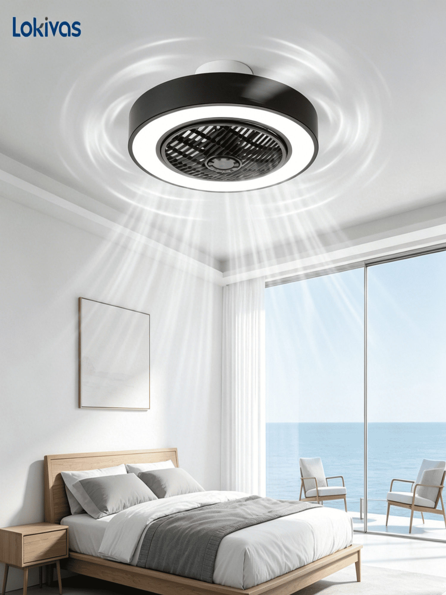 Lokivas 20in Modern Ceiling Fan with Light and Remote, Smart App Control, 6 Speeds, Low Profile with Quiet DC Motor for Living Room, Bedroom, Black