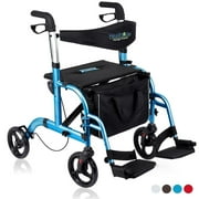 Health Line Massage Products 2 in 1 Rollator Walker-Transport Chair Combo with Padded Seat, Rolling Walker for Seniors with Reversible Backrest and Detachable Footrests, Sky Blue