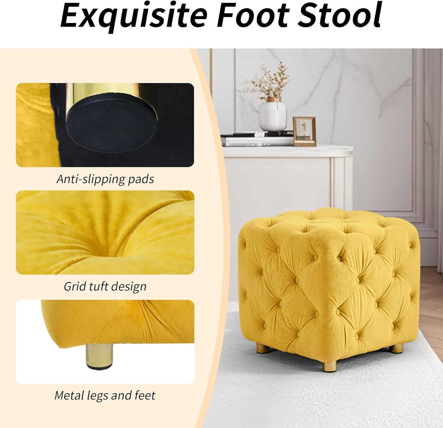 LEHZROAJ Button Tufted Velvet Vanity Stool with Metal Legs, Modern Makeup Ottoman, Upholstered Foot Rest Footstool for Living Room Bedroom（Yellow）