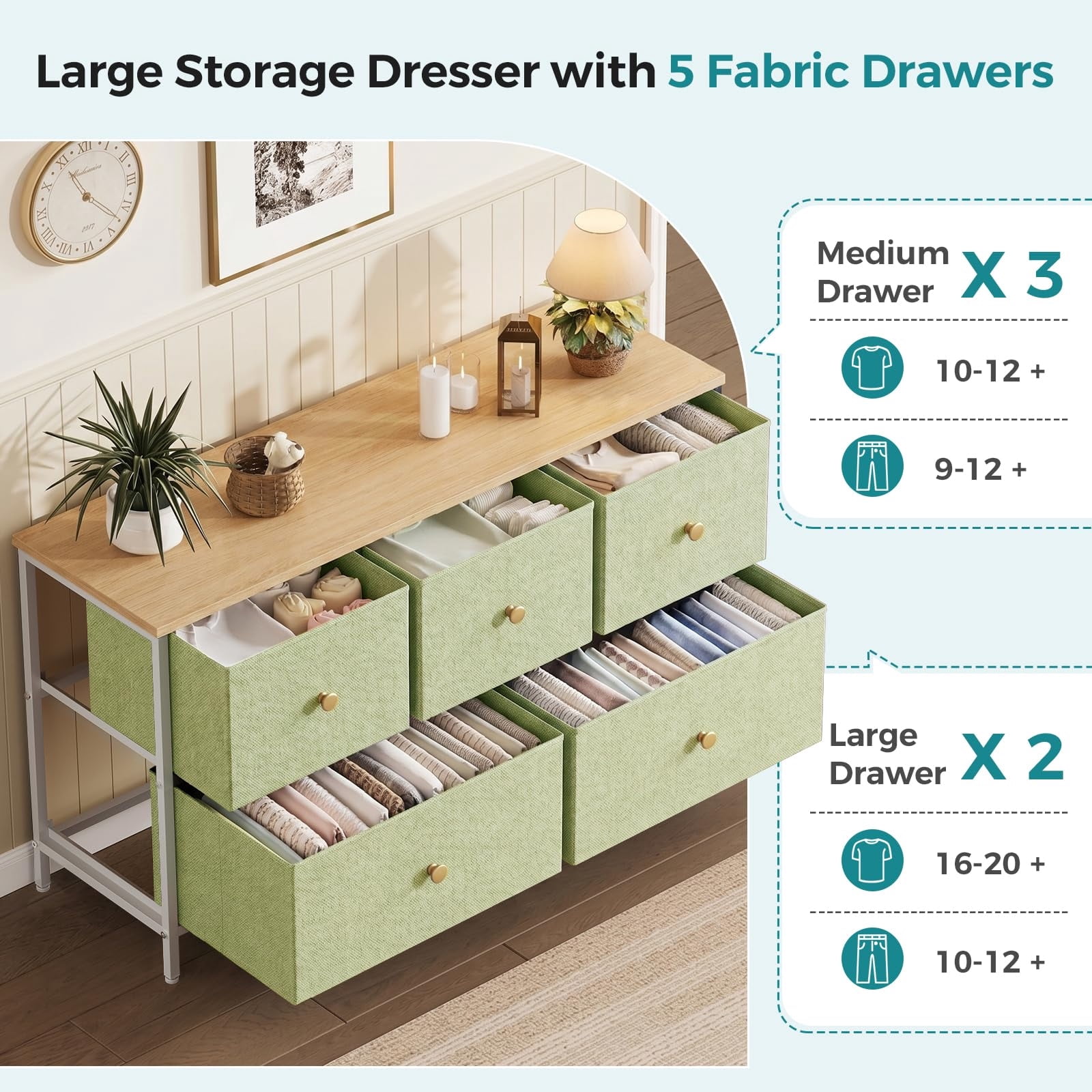 Telyra 5-Drawer Fabric Dresser TV Stand Organizer with Wood Top and Metal Frame, Light Green