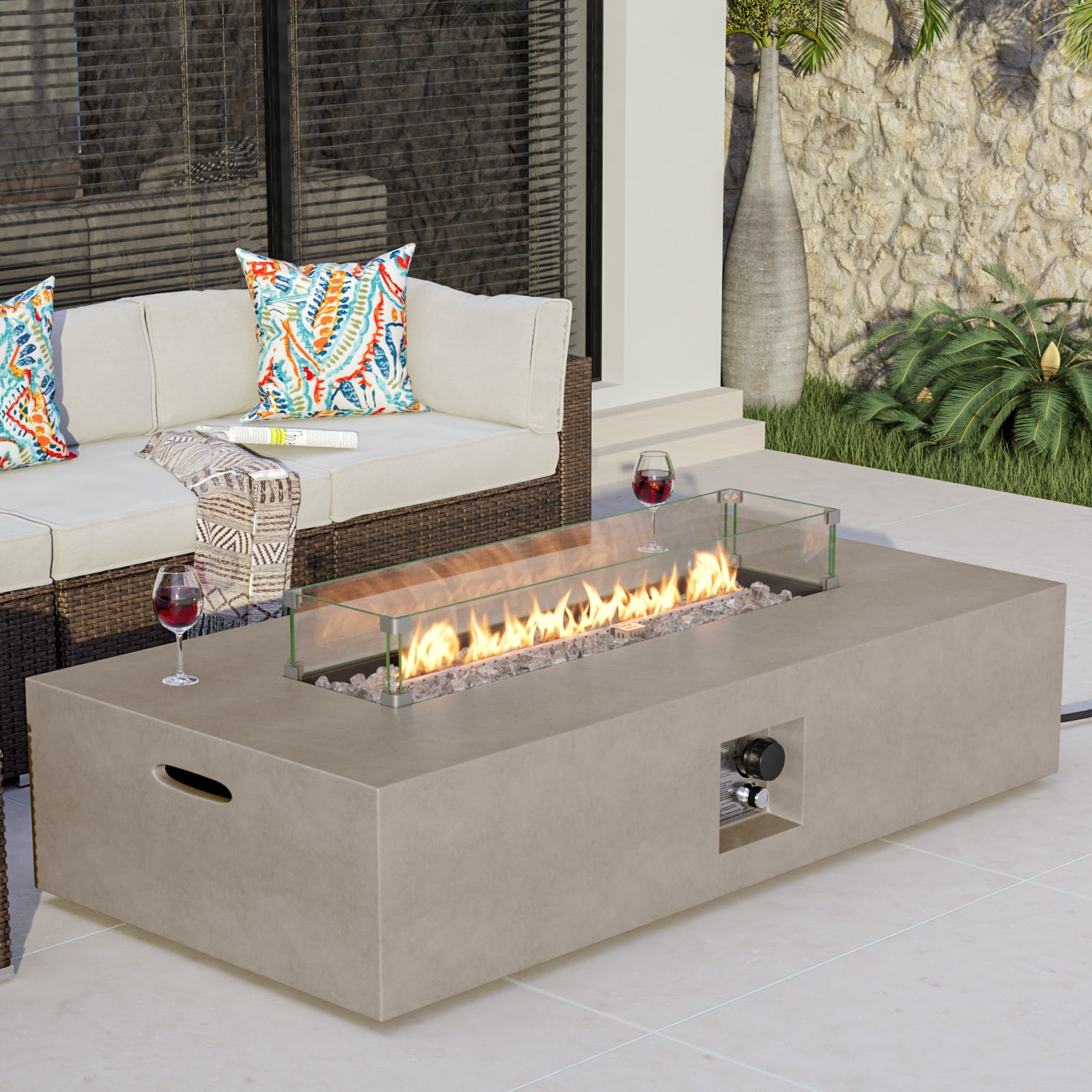 VENTOPYR Outdoor Rectangular Propane Fire Pit Table, Terrazzo Gray Concrete Finish, 50,000 BTU Stainless Steel Burner with Glass Wind Guard, Rain Cover