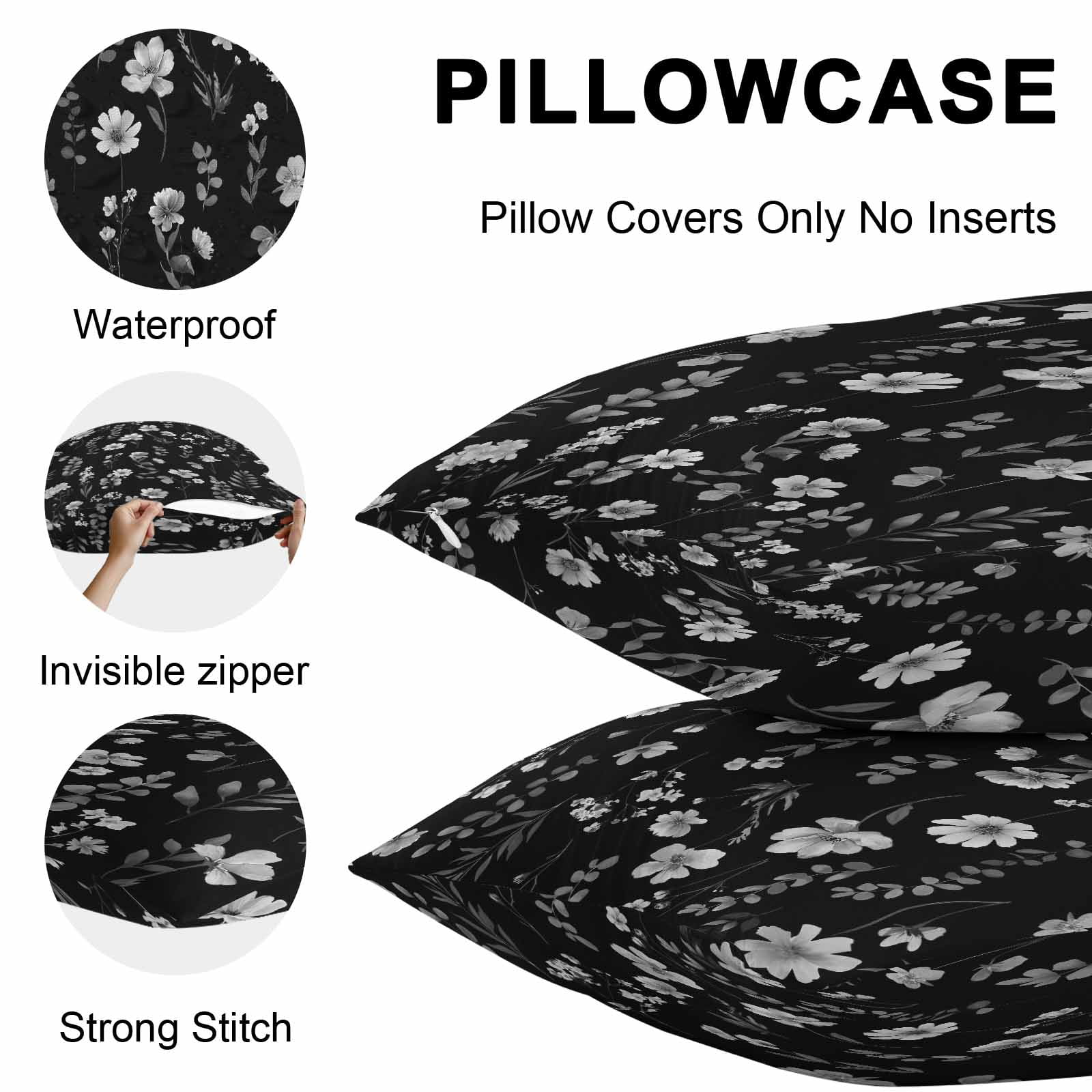 Outdoor Waterproof Throw Pillow Covers Set of 2 Black Wildflowers Decorative Pillowcases Square Outdoor Pillows Cushion Case 18x18 Inch Spring Floral Leaves Patio Pillows for Couch Sofa Bed Garden