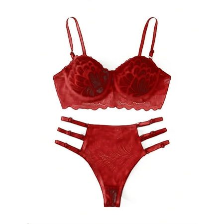 Akiihool Bras for Women Fashion Lace Lingerie Sheer Matching 2 Piece Lingerie Set  Red Size M