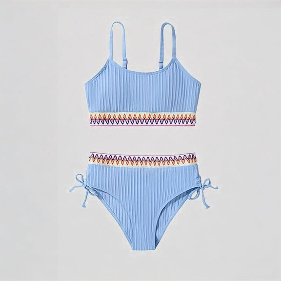 REDARER Girls Two-Piece High-Waist Bikini â Ribbed Top & Bottom with Patterned Trim, Side Ties & Chest Pad for Beach Pool Swimwear,11-12 Years