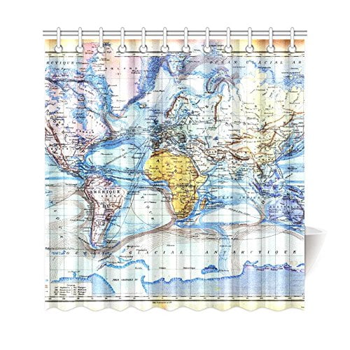Artjia World Map Shower Curtain 66x72, Map Shower Curtain