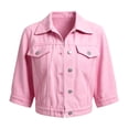 thumbnail image 7 of FDGIU Women's Lapel Button Down Cropped Denim Jacket, Three Quarter Sleeve Solid Jean Coat with Chest Flap Pockets for Spring Summer Casual Daily Layering, 7 of 7