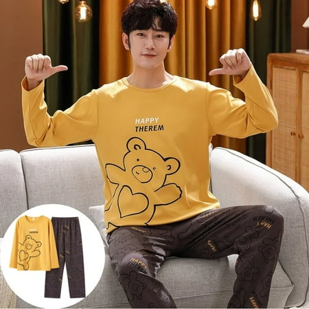 

QWZNDZGR Autumn Winter Men s Cotton Pajamas Letter Striped Sleepwear Cartoon Pajama Sets Casual Sleep&Lounge Pyjamas Plus Size 4XL Pijama