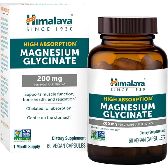 Himalaya Magnesium Glycinate, 60 Vegan Capsules, High Absorption Dietary Supplement for Muscle Function, Bone Health, and Relaxation, Chelated, Non-GMO, Gluten-Free, 200mg per 2 Capsule Serving