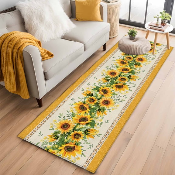 Sunflower Yellow Kitchen Runner Rug 2x6 Washable Runners for Hallway Non Slip Retro Southwest Country Plant Leaf Floral Large Area Rug Indoor Floor Carpet for Bathroom Laundry Entryway Bedroom