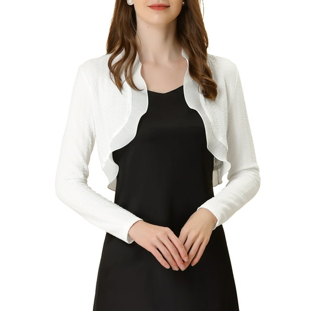 INSPIRE CHIC Women's Elegant Ruffle Collar Crop Cardigan Open Front Knitted Shrug Top M White