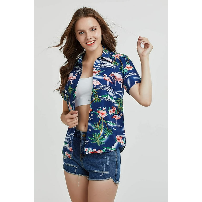 Womens Flamingo Shirt Casual Short Sleeve Hawaiian Shirts for Women Dark Blue X Large Walmart