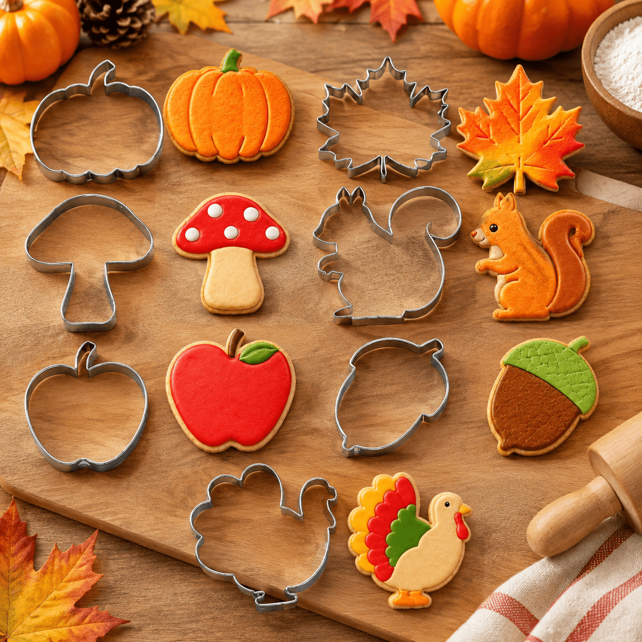 7Pcs Fall Thanksgiving Cookie Cutters - Stainless Steel Biscuit Molds Set Fall Party Favors Decorations Kit Shaped in Pumpkin Acorn Turkey Fall Leaves Fall Decor Food Baking Supplies for Kitchen