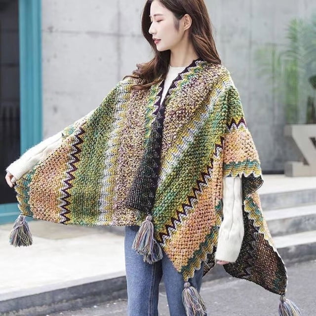 Womens Shawls Soft And Comfortable Knitted Sweater Tops Shawl Tassel Fringed Wraps Matching Cardigan Sweater Irregular Hem Splicing Colourful Sweater Cardigan Scarf