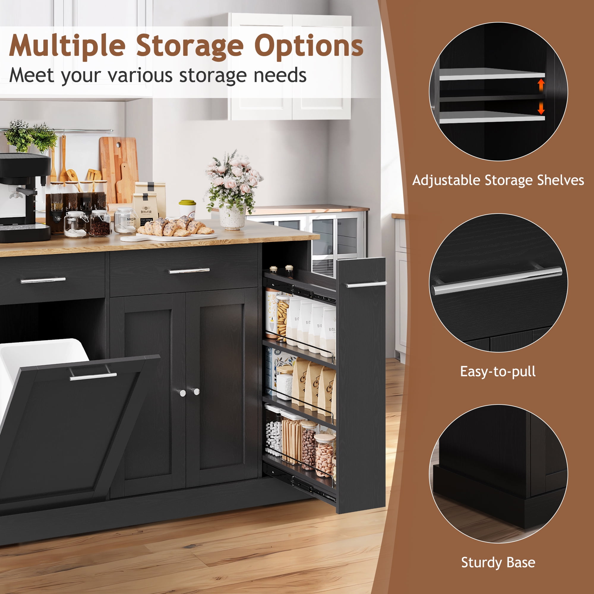 DreamCurship 52" Kitchen Island with Storage, Rolling Kitchen Cart Island with Wheels, Tilt Out Kitchen Trash Cabinet 10 Gallon Storage, 3 Large Spice Racks and 2 Drawers, Black and Brown