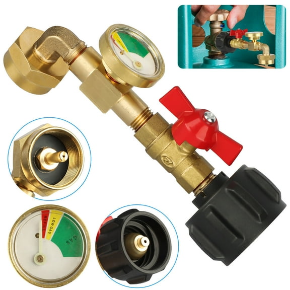 Propane Adapter 1lb to 20lb, QCC1 Propane Refill Elbow Adapter with Gauge and ON-Off Control Valve for 1LB Propane Tank to Be Refilled Gas from 5~40 LB Propane Tank
