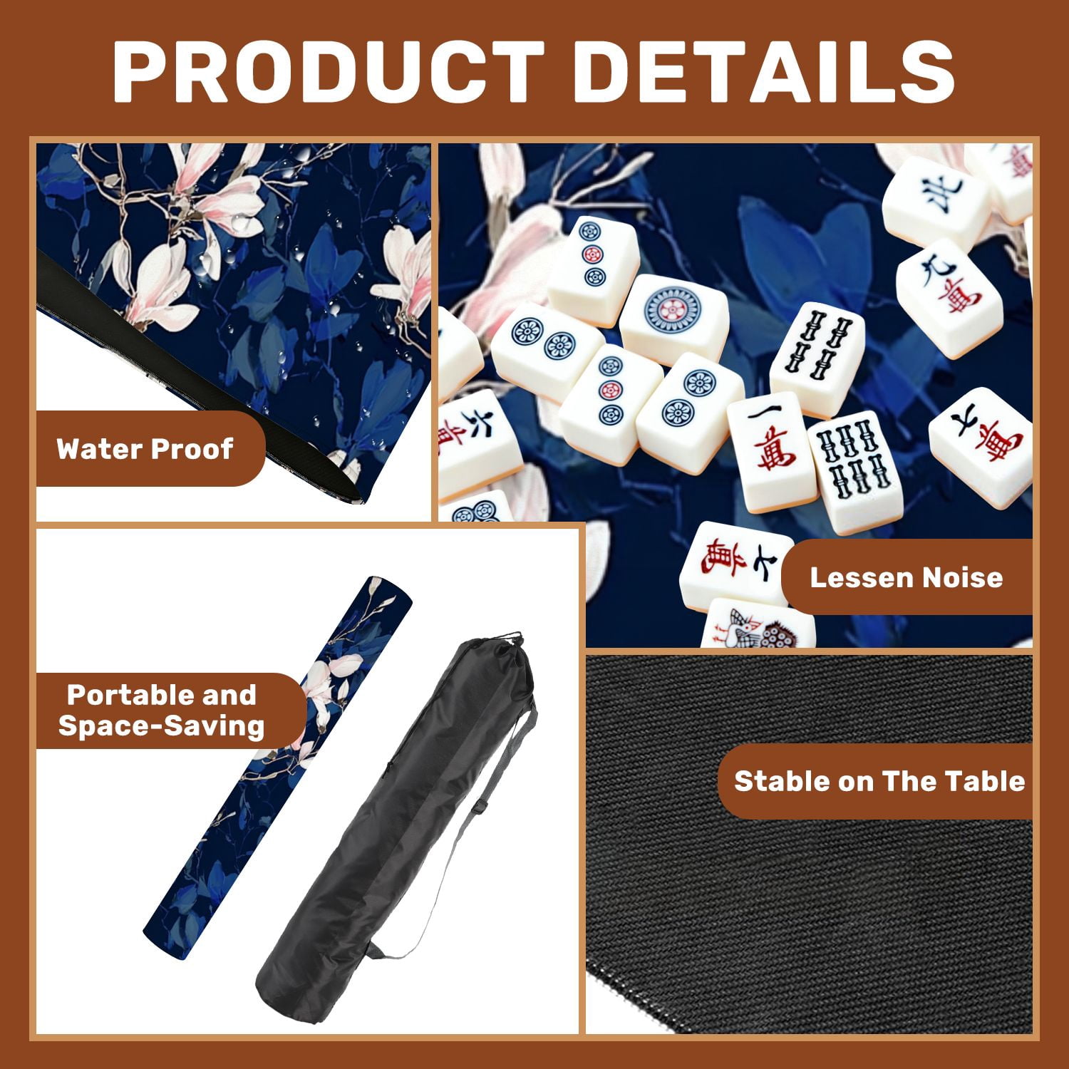 Mahjong Mat 31.5" x 31.5" Magnolia flower Seamless white Non-Slip Noise Reduction American Mahjong Tiles Table Cover for Dominoes Poker Card Board Games Gift
