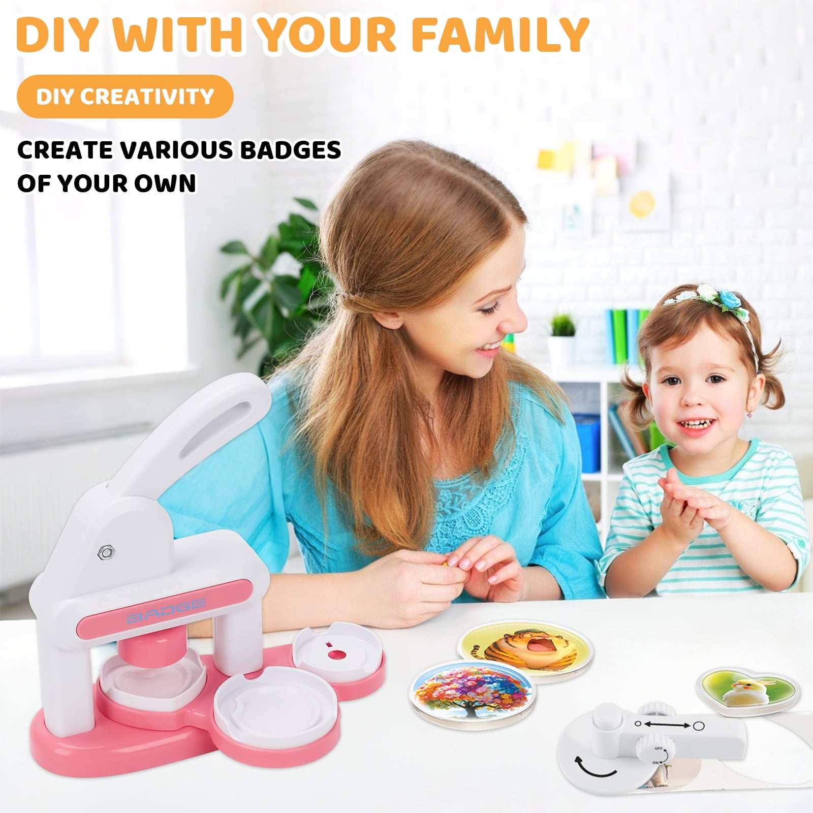 Badge Maker for Kids, 35-55mm (1.37-2.16 inch) DIY Pin Button Maker Press Machine, Badge Machine Punch Kit with 24 pcs Button Parts & Picture Cutters for Kids DIY Gifts and Christmas-Pink