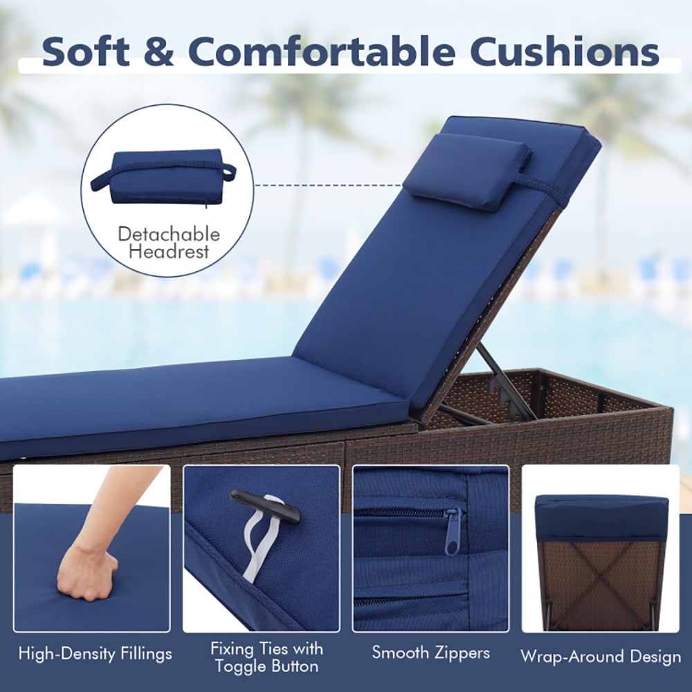 Aimee Lii Outdoor PE Rattan Chaise Lounge with 6-level Backrest, Patio Loungers, Navy
