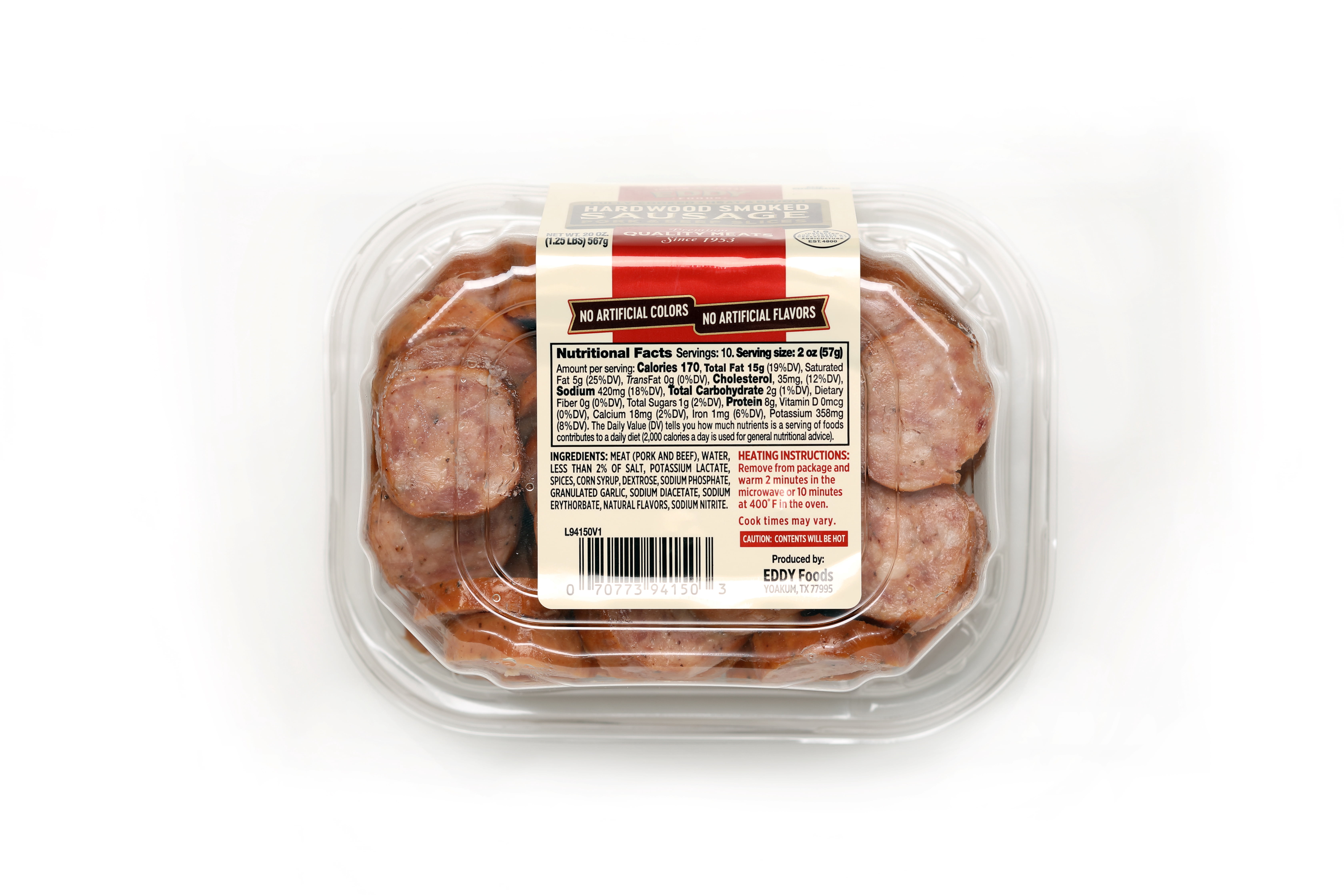 Eddy Foods Hardwood Smoked Pork & Beef Sausage Slices, Fully Cooked, 20 oz