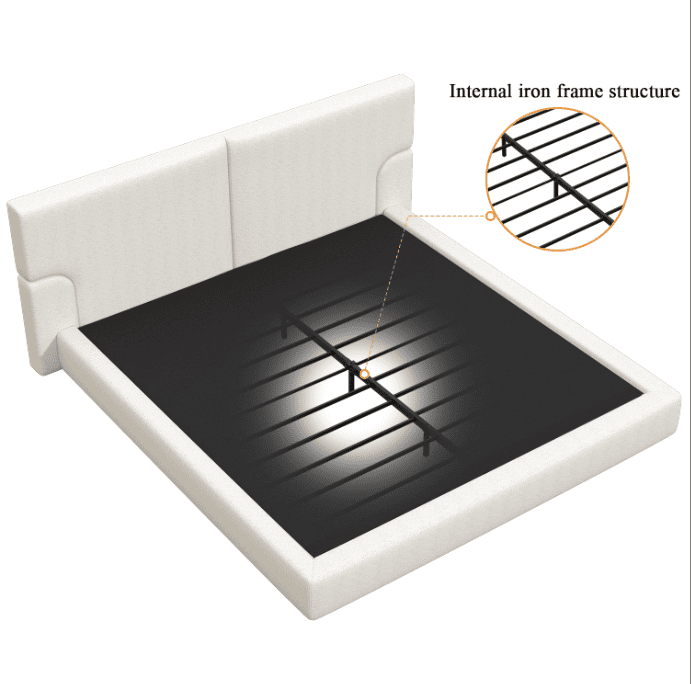 Miniyam Queen Upholstered Platform Bed Frame with 4.92" Padded Headboard, Jacquard Fabric Low Profile Bed, Cream White