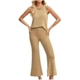 thumbnail image 3 of BiZtdJrK Todays Sales Womens Sleeveless Tank Tops and Trousers Knit Sweaters 2 Piece Outfits Solid Color Vest Matching Flared Wide Leg Pant Lounge Sets Khaki M, 3 of 5