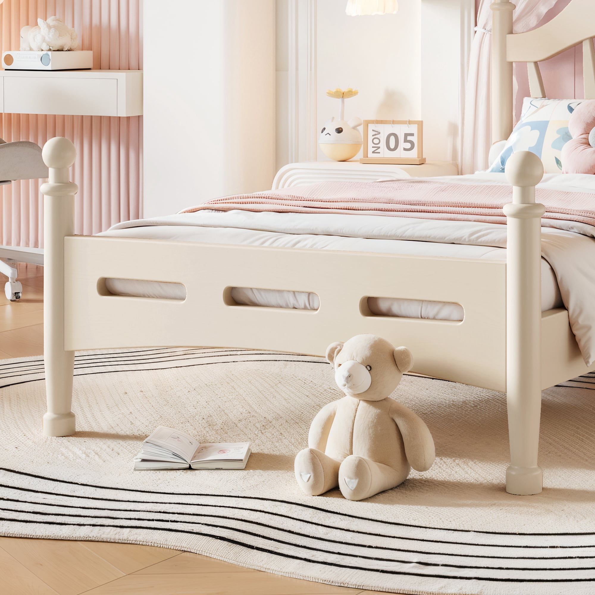 Leumius Twin Size Platform Bed with Chic Headboard, Solid Wood Bed Frame with Slatted Support, Low to Ground Design for Bedroom Beige